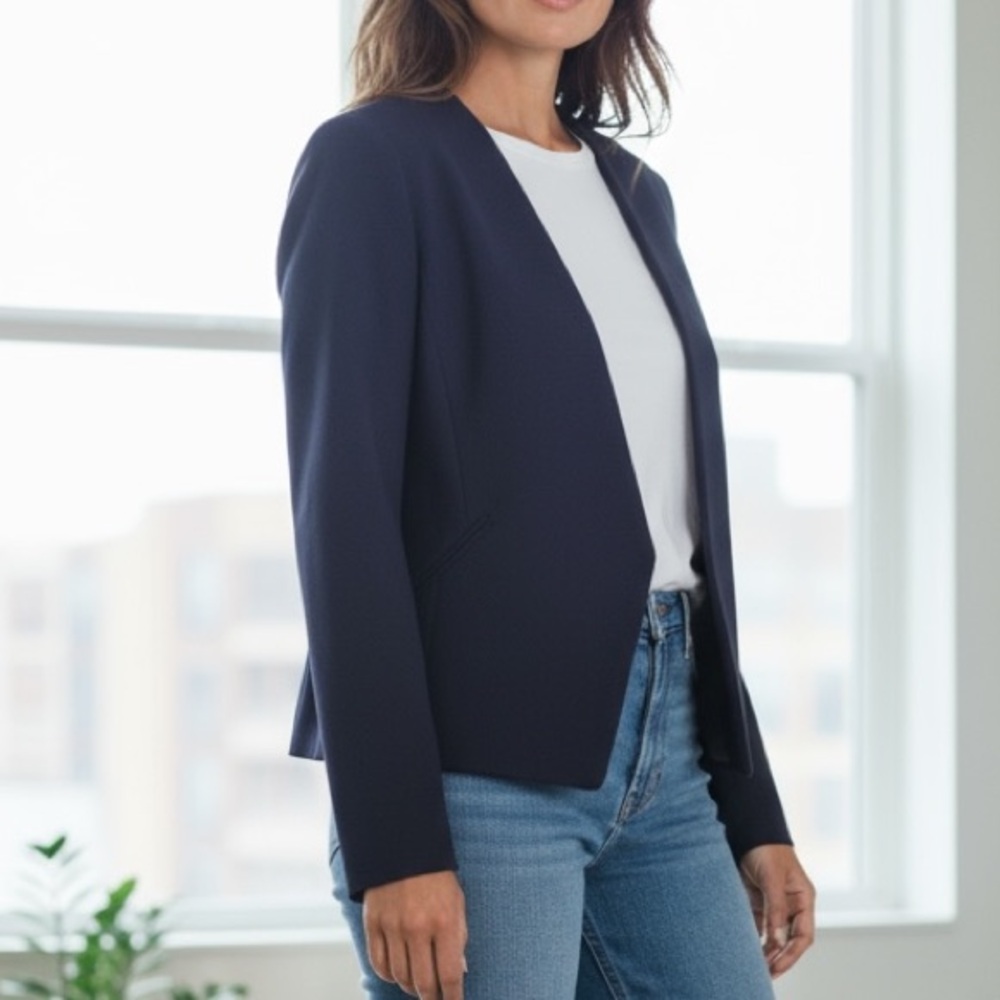 Banana Republic Navy Blazer Collarless Open Front Fitted Size 6 - Picture 2 of 11